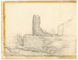 Pencil sketch of the ruins of Latheron Castle and on reverse side a portrait of a female and boy holding a stick