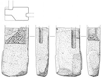 Scanned ink drawiing of Burghead 11 shrine post including section profile