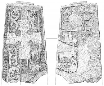 Scanned ink drawing of Woodrae Pictish cross slab face a & b (DC60618 & 60620)