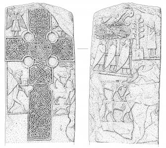 Scanned ink drawing of Eassie Pictish cross slab face a & b (DC60612 & 60614)