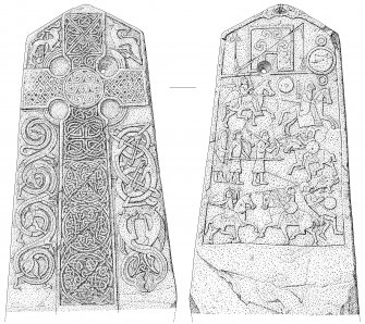 Scanned ink drawing of Aberlemno 2 Pictish cross slab face a & b (DC60606 & 60608)