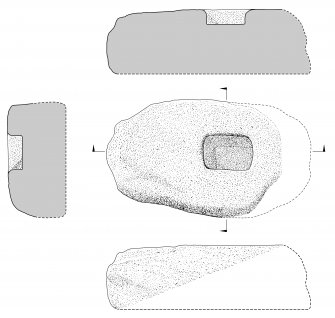 Scanned ink drawing of the Bible Stone cross base: plan, partial elevation, section & cross-section (DC 60635 & 60636)