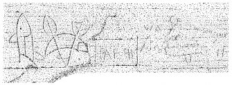 Scanned ink drawing of Pictish symbols (salmon, crescent & V-rod, salmon) in Sculptor's Cave