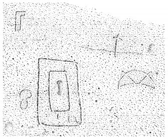 Scanned ink drawing of Pictish symbols (double rectangle, crescent & V-rod, stepped rectangle, mirror case?) and incised cross in Sculptor's Cave