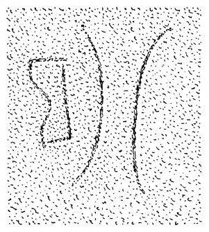 Scanned ink drawing of Pictish symbol (stepped rectangle) and  pair of "inverted brackets" in Sculptor's Cave