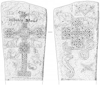 Scanned ink drawing of Ulbster Pictish cross slab, face a & b
