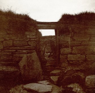 Photograph of part of a Broch, stones, wooden props and vegetation