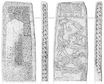 Scanned ink drawing of Golspie Pictish cross slab: face a, b, c & d