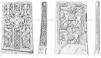 Scanned ink drawing of Benvie Pictish cross slab, face a, b,  c & d