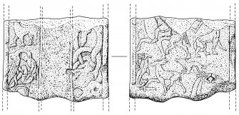 Scanned ink drawing of Monifieth 3 Pictish cross slab fragment, face a & b