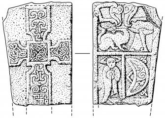 Scanned ink drawing of Monifieth 2 Pictish cross slab, face a & b