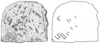 Scanned ink drawing of Pictish stone fragement built into S wall of St Vigeans Church with diagonal key pattern