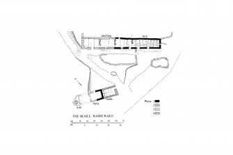 Plan of site, cruck framed byre and dwelling at the Buaile, Ramscraigs. 
