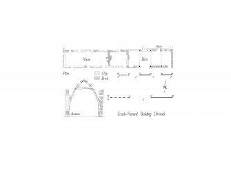 Survey plan and section showing cruck frame cottage, Dornock.