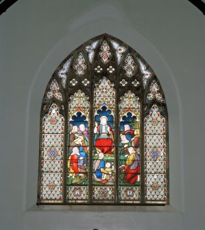 Interior. W transept galley stained glass window by J Ballantine & Co 1873 Our Lord Teaching