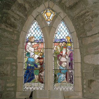 Interior. Detail of stained glass window memorial to Rev T Hardy c.1910