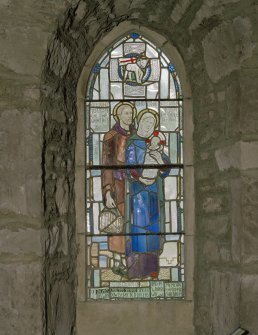 Interior. Detail of stained glass window memorial to Rev T C Sherriff c.1941 signed "M I WOOD?"