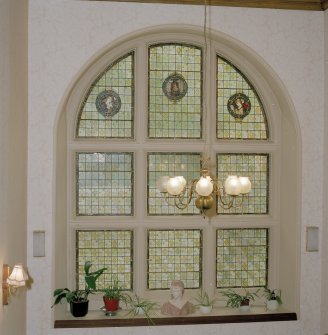 Interior view of Archerfield House. Stair hall stained glass window