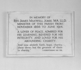 Interior. Detail of commemorative plaque to Rev. James Maxwell Joass M.A.  L.L.D.