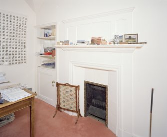 Interior. First floor. Studio. Detail of fireplace