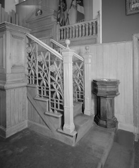 Interior. Pulpit stair balustrade. Detail