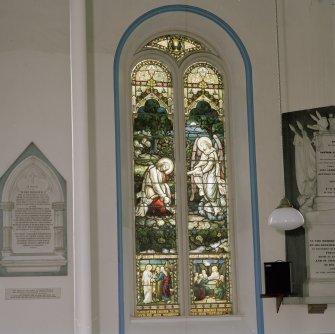 Interior. Detail of N Aisle Woodburn Memorial stained glass window " He loved them to the End"