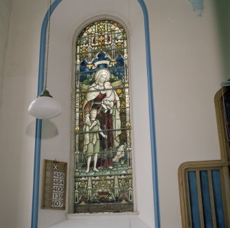 Interior. Detail E Wall N stained glass window to McAdam of Craigengillen c.1901 of Virgin and Child