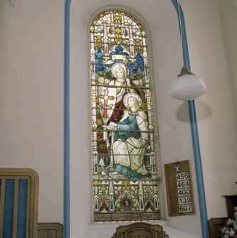 Interior. Detail E Wall S stained glass window to McAdam of Craigengillen c.1901 "FIDES"