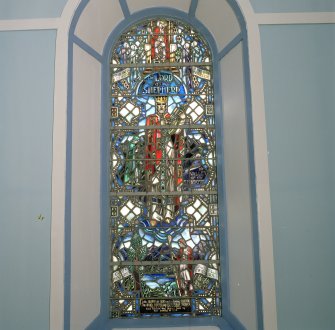 Interior. Detail of Porch N Smith/Boyce Memorial stained glass window "The Lord is my Shepherd"