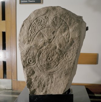 General view of Cairnton Pictish stone bearing a crescent and V-rod above a triple-disc symbol.