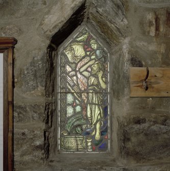 Interior, entrance porch, detail of stained glass window