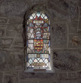 Interior, detail of stained glas window on south wall