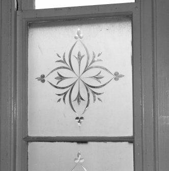 Interior. 1st floor, corridor, detail of etched glass