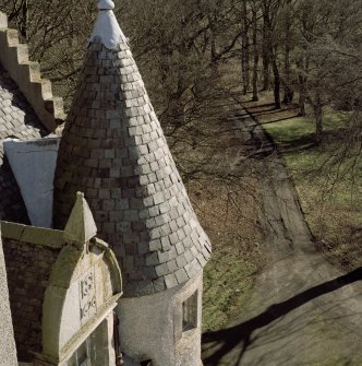 View from roof showing entrance road, window pediment and turret