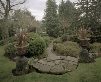 View of urns flanking steps