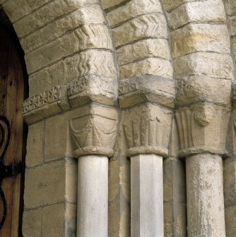 West doorway, detail of capitals on S side of doorway
