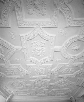 Interior. First floor drawing room detail of 17th century plaster ceiling