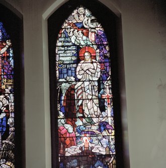 Interior. Detail of S Transept stained glass window by Alf Webster 1913