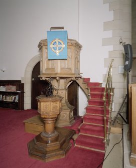 Interior. View of pulpit and font