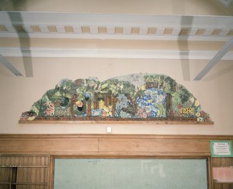 Interior. Junior library, view of Rain Forest mural with "that very night in the library a forest grew and grew until the walls became the forest all around" under