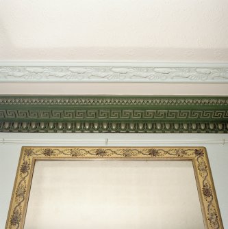 Interior. First floor. Drawing room. Detail of cornice and overmantle mirror