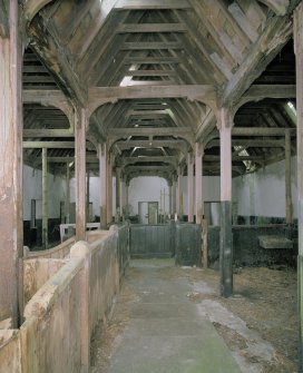 Interior. View of main byre showing roof structure and stalls