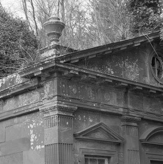 Detail of corner of pediment with urn