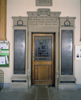 Interior. Entrance hall N wall Neo-Classical door surround  war memorial by j G Callander 1923