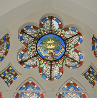 Interior. Gable windows detail of stained glass by Ballantine & Allan 1860-1
