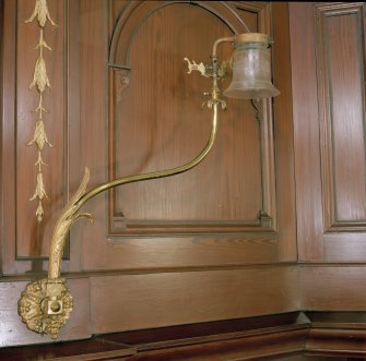 Interior. Detail of pulpit gilt and brass lamp (originally gas)