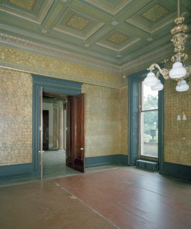 Interior. Dining room View from SE showing doors to ante drawing room  open and chandelier