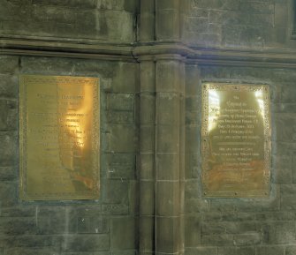 Interior.
View showing wall mounted brass memorial plaques of Alexander Cuningham W.S., Secretary to the Commissioners of Northern Lighthouses, and his wife Caroline.