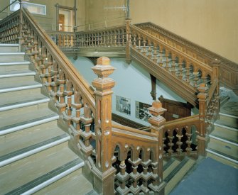 Interior. View of N wing main  former Bishop's Palace  stair from NW
