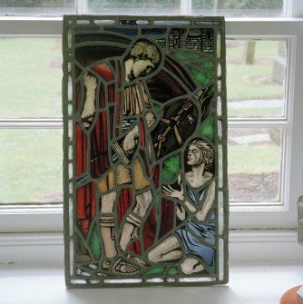 Interior, detail of 20th century stained glass panel